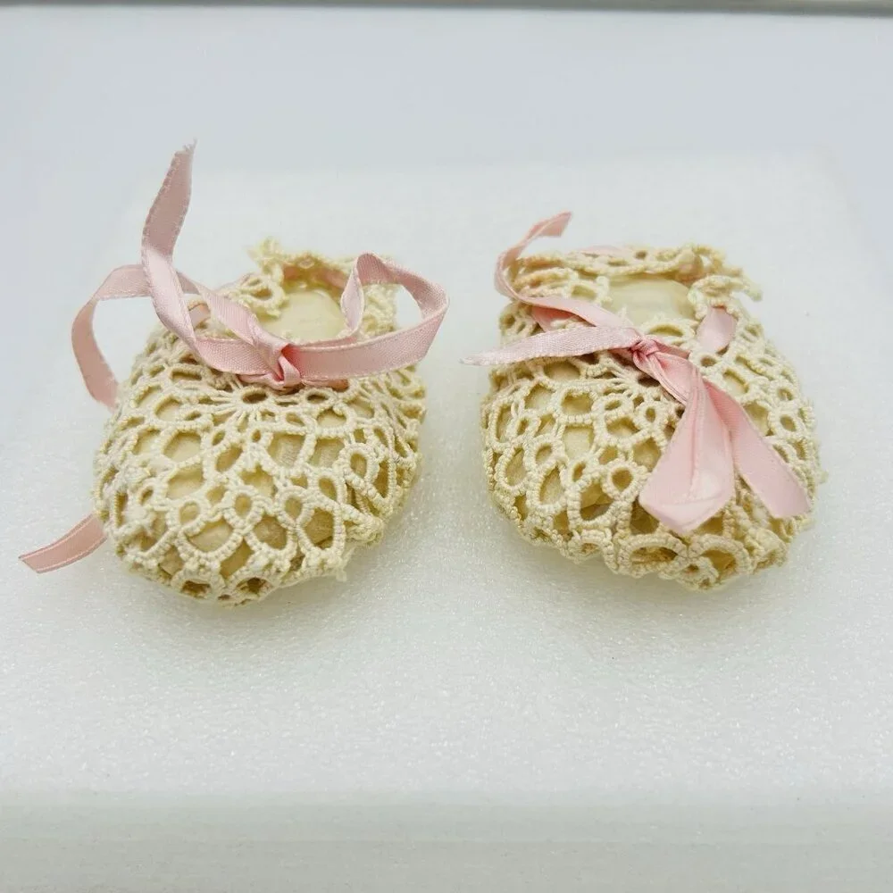 Vintage 1920's Ivory Crochet Baby Shoes Pink Satin Ribbon
